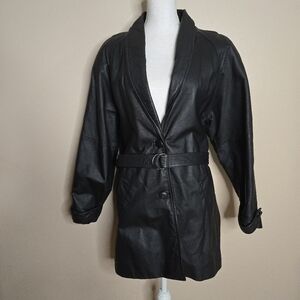 Liz Baker Essentials Belted Black Leather Trench Coat Vintage